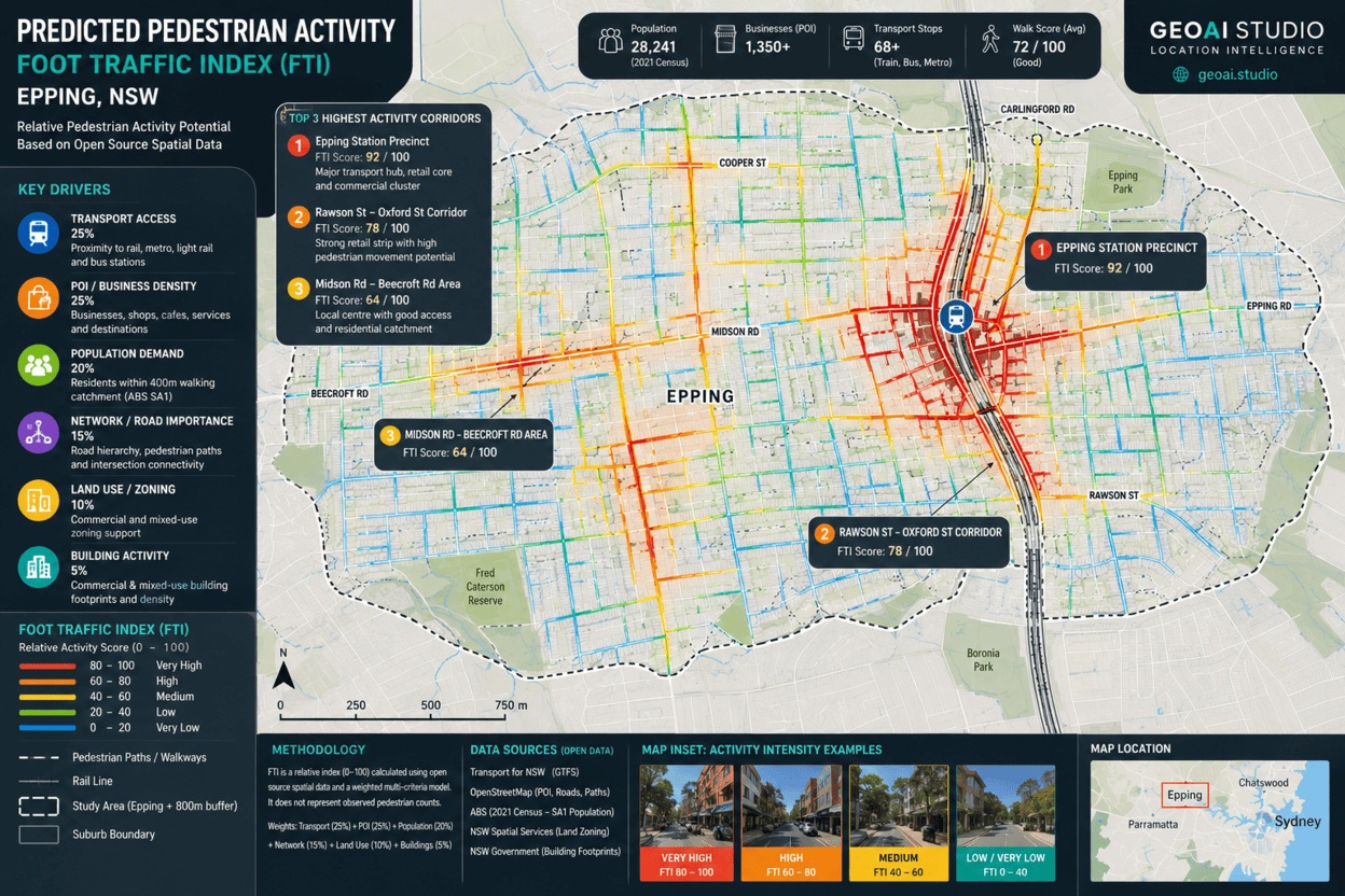 Foot Traffic Index map showing relative pedestrian activity potential