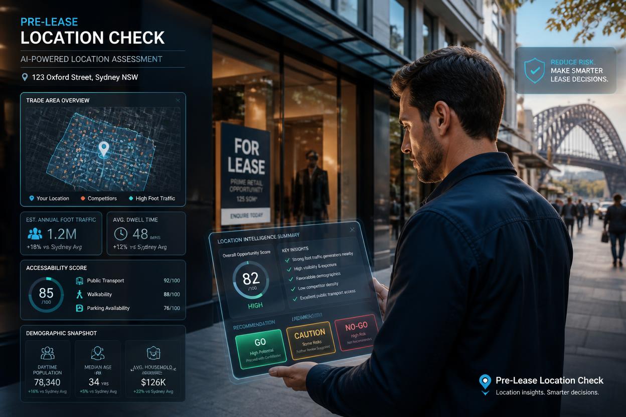 Pre-Lease Location Check showing trade area, accessibility and commercial risk insights for a Sydney retail site